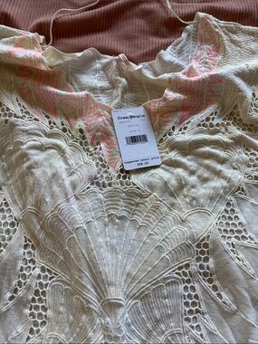 Free People Cream Lace Shell with Neon Pink Stitching